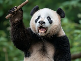 Obraz premium Playful Giant Panda Close-Up with Curious Expression in Natural Habitat