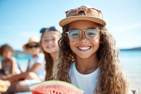 Children joyfully savoring slices of watermelon on a sunlit beach, embodying the essence of summer happiness, childhood innocence, and carefree moments.