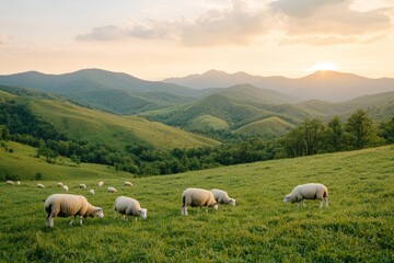 Fototapeta premium Tranquil Pastoral Scene Serene Sheep Grazing on Lush Green Field with Rolling Hills and Hazy Sky - Peaceful Countryside Landscape for Nature and Travel Concepts