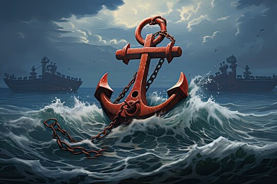 The powerful ship anchor remains anchored in choppy waters with mysterious ships shrouded in mist and dark clouds adding a sense of intrigue