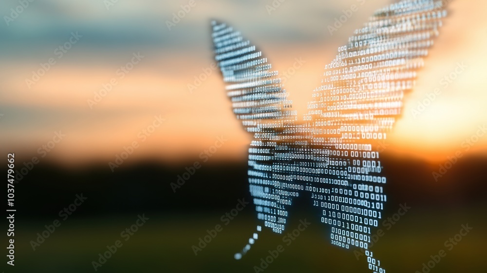 Poster digital butterfly composed of binary code against a sunset backdrop, ai