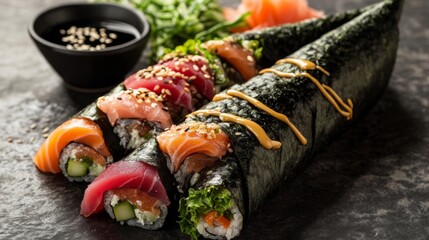 Fototapeta premium A mouthwatering sushi cone platter featuring hand rolls filled with tuna, salmon, and eel