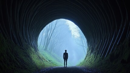 Silhouette of a person standing in a misty tunnel surrounded by trees, AI