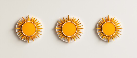 Fototapeta premium Symmetrical Sun Trio Minimalist Design on White Background - Abstract Bright Orange Graphic Elements for Serene Branding