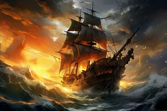 A majestic pirate ship navigates through tumultuous waves against a stunning sunset backdrop evoking feelings of adventure and excitement at sea
