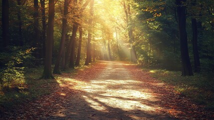 Obraz premium Golden Path Through the Forest: Sunlight streams through a canopy of trees, illuminating a path that winds its way into the heart of a mystical forest.