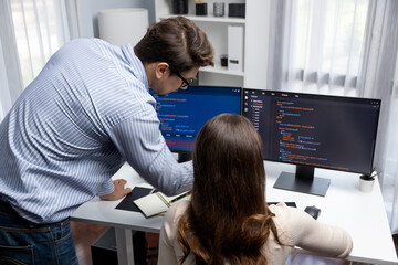 Team skilled developers program coding discussing creative website planning software project on two...