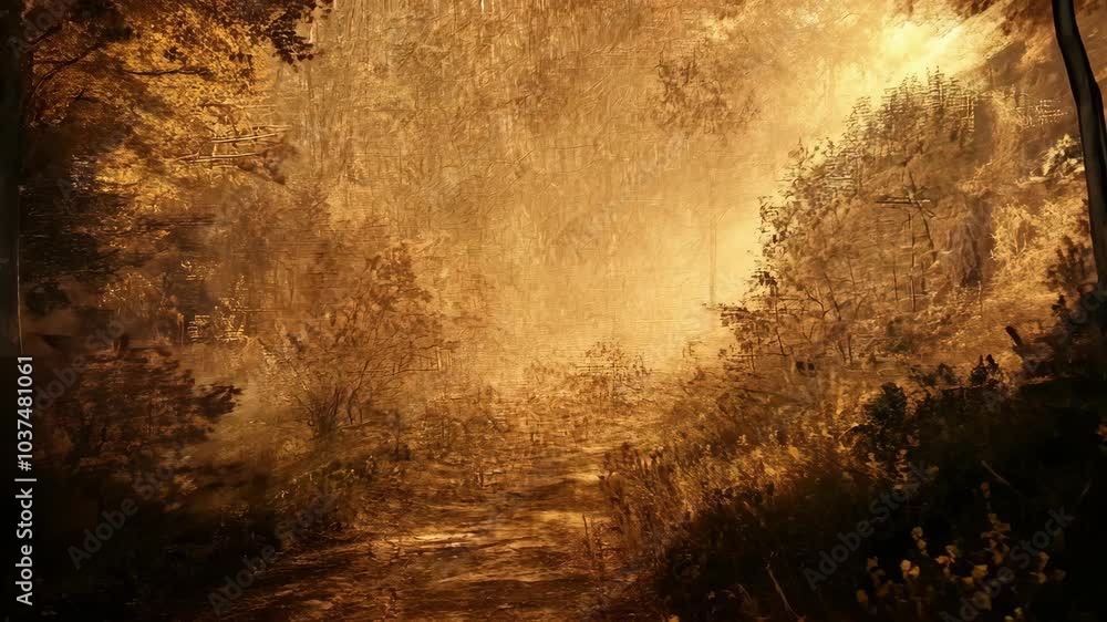 Poster a path winds through a dense forest, the sunlight filtering through the trees creating a golden glow
