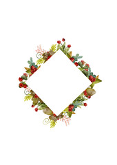 Hand-Painted Watercolor Christmas Frame Featuring Winter Branches, Red Rowan Berries, and Flowers for a Cozy Holiday Design, Ideal for Seasonal Projects and Invitations