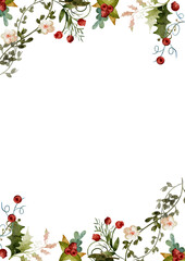 Festive Christmas Watercolor Frame with Delicate Branches, Red Berries, Holly, and Seasonal Flowers, Perfect for Holiday Cards, Invitations, and Seasonal Crafts