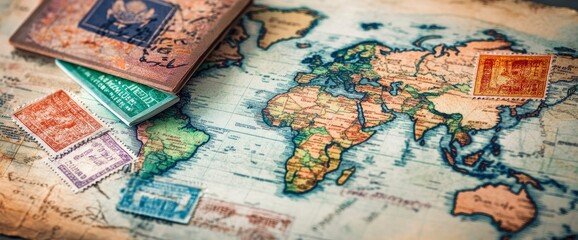 Naklejka premium Vintage World Map with Postage Stamps