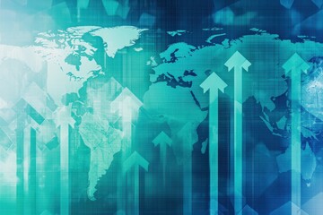 Digital graph with arrows pointing upward, overlaid on a world map. This image symbolizes global economic growth, and financial markets. Ideal for themes of business, finance, and global economics.