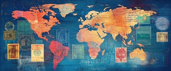 Naklejka premium World Map with Vintage Postage Stamps