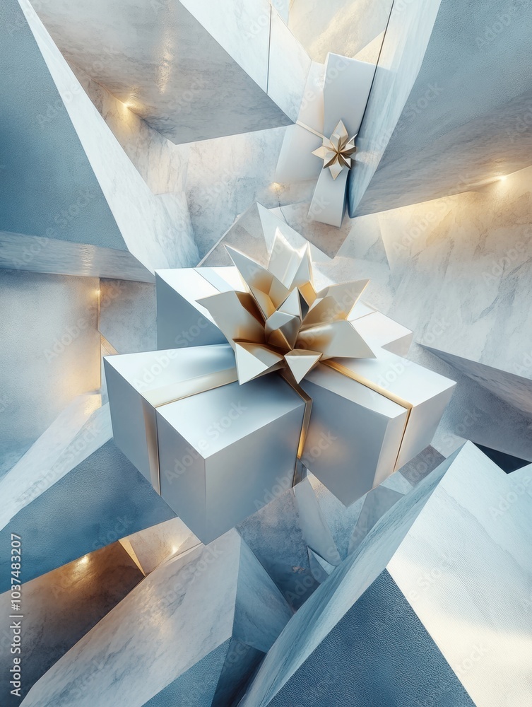 Poster colorful, abstract shapes resembling gift boxes and bows create a festive atmosphere, illuminated by
