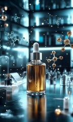 Naklejka premium A bottle of serum with molecules floating around it.