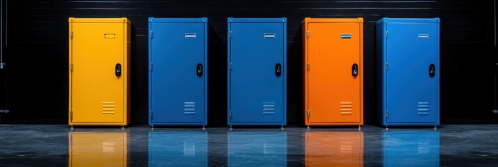 a row of colorful lockers in a dark room