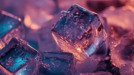 Close-up of shimmering ice cubes with colorful lighting effects.