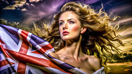 Naklejka premium Portrait of woman, flowing blonde hair, dramatic lighting, British flag, patriotic, determined expression, stormy sky background, photorealistic, cinematic, intense colors, wind-swept, heroic pose
