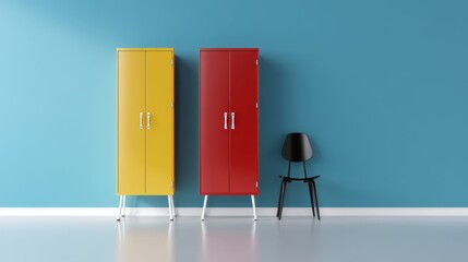 colorful lockers and chairs against a blue wall