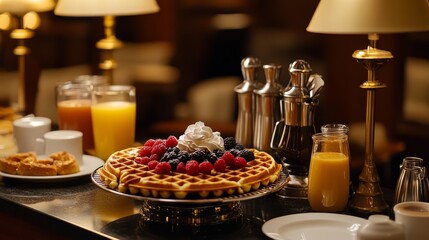 Naklejka premium A mouthwatering waffle station with an assortment of toppings such as fresh berries, whipped cream, and chocolate sauce