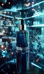 Blue glass bottle, dropper, molecules, reflection, science.