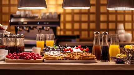 Naklejka premium A mouthwatering waffle station with an assortment of toppings such as fresh berries, whipped cream, and chocolate sauce
