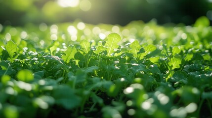 Fresh green leafy vegetables growing in a sunlit garden during early morning hours near a suburban area
