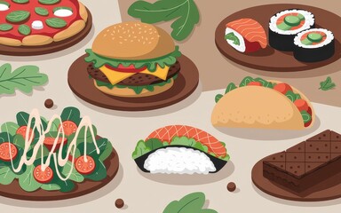 A delicious spread of global cuisine savoring pizza sushi burgers and more in a colorful food layout