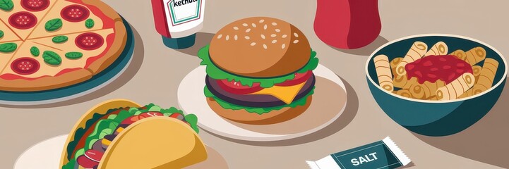 Indulge in a culinary feast a colorful spread of pizza burgers tacos and pasta perfect for food lovers