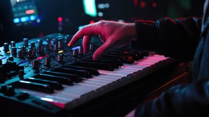 A musician composing electronic music in a home studio setup with synthesizers and digital interfaces, illustrating the creativity and technology integration in modern music production