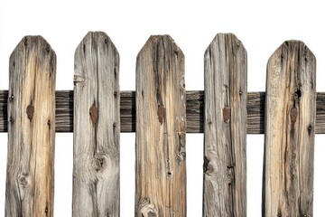 Fototapeta premium A close-up view of an antique wooden fence, isolated against white background. Perfect for themes related to rural life, vintage architecture, and natural materials.