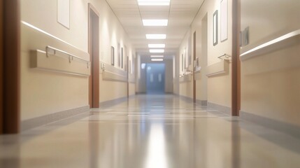 Obraz premium Hospital Corridor: A sterile and clinical hallway with bright overhead lights and gleaming floor tiles, suggestive of a modern healthcare facility.