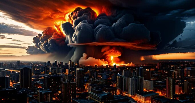 The Brutal Power of a Nuclear Blast. The Collapse of A City in Flames. War related concept.