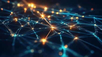 Fototapeta premium Abstract blue and orange network pattern with glowing dots and lines.