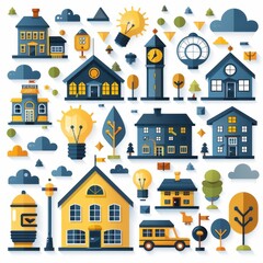 school buildings and other icons in a flat design