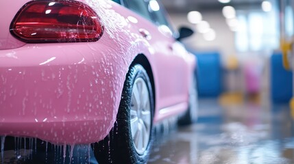 a pink car is being washed in a car wash