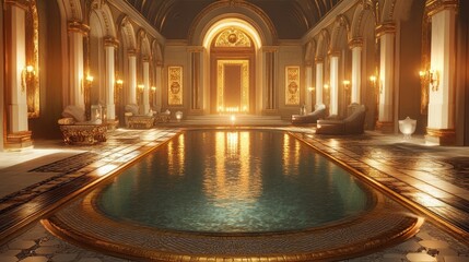 Obraz premium A sumptuous Hollywood Regency bathhouse with mosaic floors and luxurious