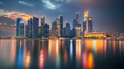 Fototapeta premium Vibrant Skyline View at Dusk Over City Waters