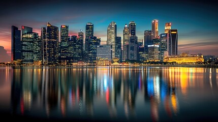 Fototapeta premium Stunning Skyline Reflection at Dusk in Urban Setting