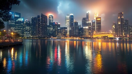 Obraz premium Vibrant City Skyline at Night with Reflections