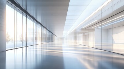 A bright, empty futuristic hallway with large glass windows, showcasing modern architectural elegance and cinematic lighting.
