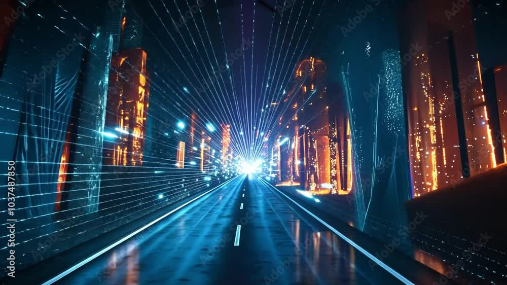 Poster Bright lights explode from a central point in a virtual tunnel, creating an immersive experience that draws viewers toward a digital cityscape surrounded by dark surroundings.