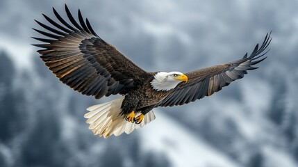 Obraz premium A majestic eagle glides high above, with clouds drifting in the background.