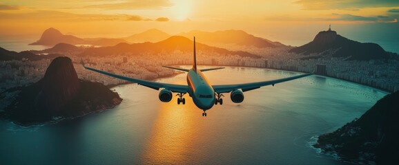 Airplane Landing in Rio de Janeiro at Sunset