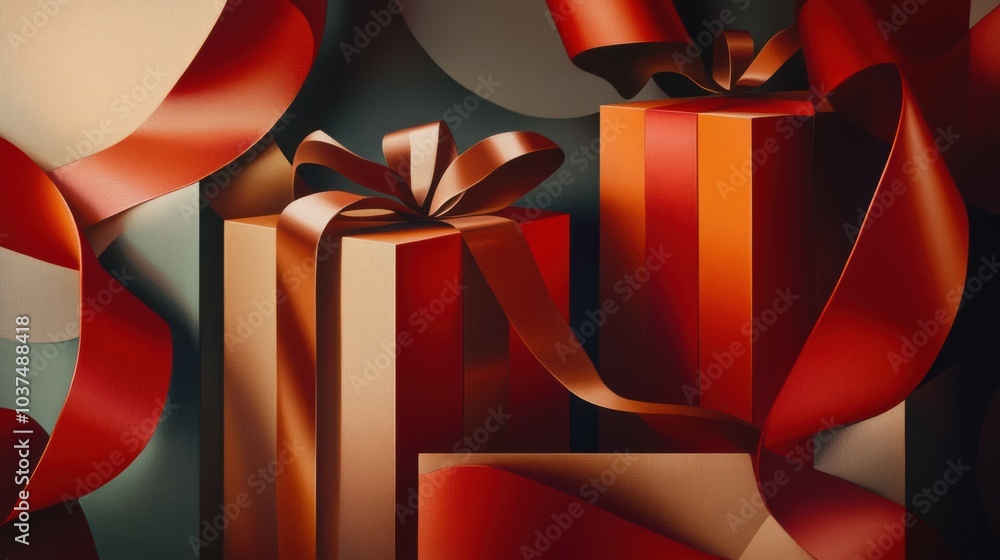Poster a collection of abstract shapes resembling gift boxes adorned with stylish ribbons and bows, showcas