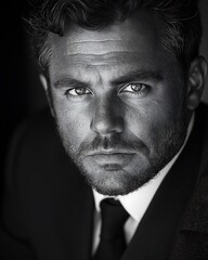 Fototapeta premium Detailed portrait of a professional dressed in a formal suit, with a focus on expressive eyes and serious facial expression