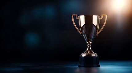 A shining trophy stands proudly against a dark background, symbolizing victory and achievement, illuminated by a warm light.