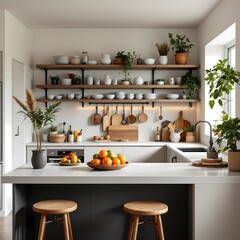 bright kitchen interior with bar counter, sink, and kitchenware on shelf