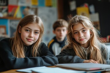 Smart European schoolgirl and boy sitting together at desk in classroom during lesson in private school, Generative AI