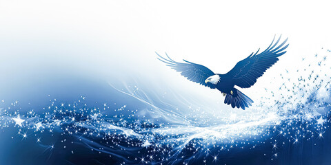 Fototapeta premium Blue and white background with a bird flying in the sky. The bird is large and has a long tail. Concept of freedom and grace as the bird soars through the air